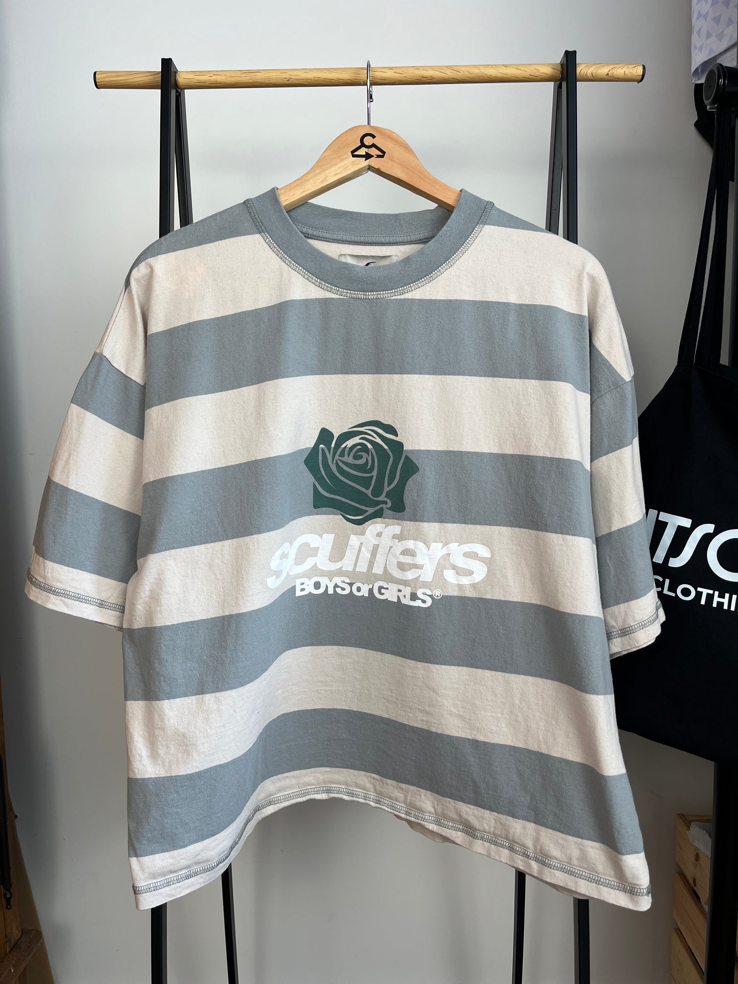 Scuffers Blue and Off White/Beige Striped T-Shirt - Medium