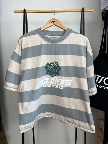 Scuffers Blue and Off White/Beige Striped T-Shirt - Medium