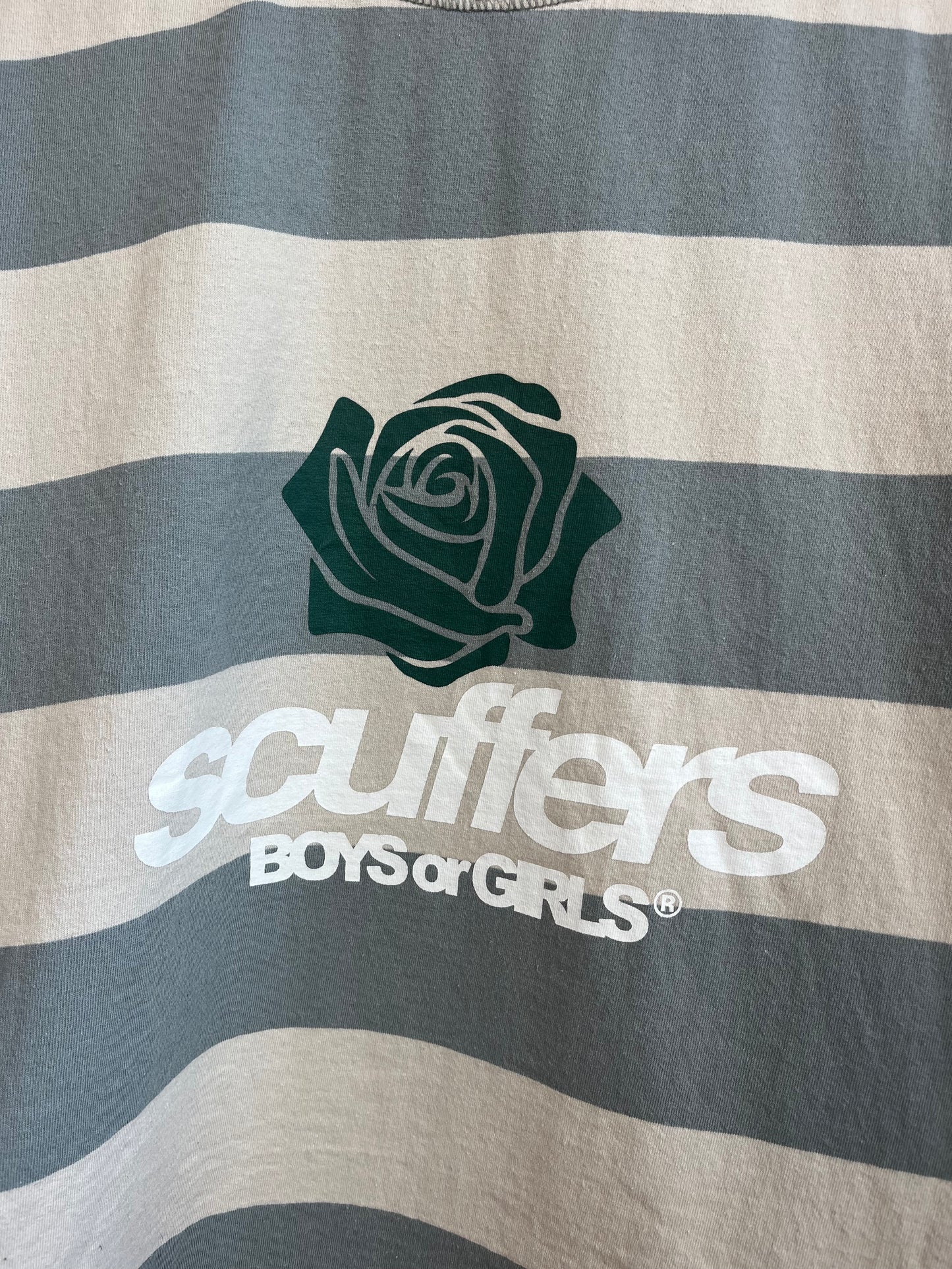 Scuffers Blue and Off White/Beige Striped T-Shirt - Medium