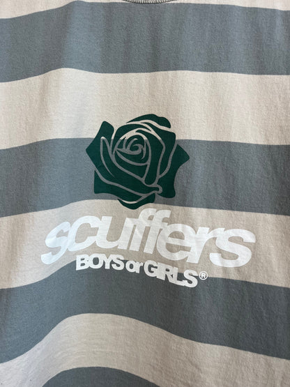 Scuffers Blue and Off White/Beige Striped T-Shirt - Medium