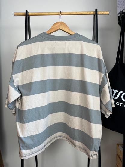 Scuffers Blue and Off White/Beige Striped T-Shirt - Medium