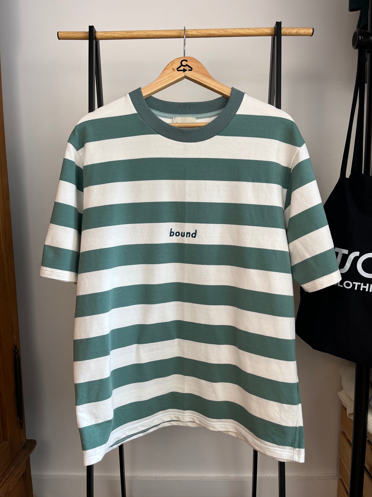 Bound Green and Off White Striped T-Shirt - Large